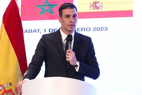 1/02/2023. Sánchez interviene en la clausura del Foro Empresarial España-Marruecos. El presidente del Gobierno, Pedro Sánchez, interviene en...