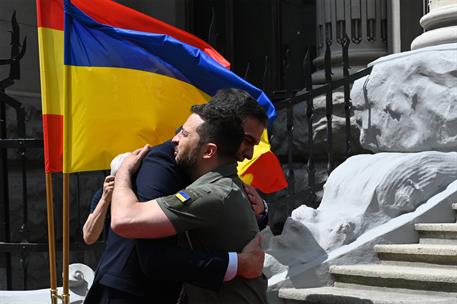 1/07/2023. Visita de Pedro S&#225;nchez a Ucrania con motivo de la Presidencia espa&#241;ola del Consejo de la UE. El presidente ucraniano recibe al p...