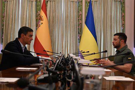 1/07/2023. Pedro Sánchez visits Ukraine on the occasion of the Spanish Presidency of the Council of the EU. Image of the meeting between Sán...