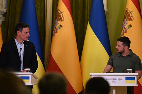 1/07/2023. Visita de Pedro S&#225;nchez a Ucrania con motivo de la Presidencia espa&#241;ola del Consejo de la UE. Rueda de prensa conjunta de Pedro S...