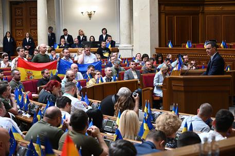 1/07/2023. Visita de Pedro Sánchez a Ucrania con motivo de la Presidencia española del Consejo de la UE. Intervención de Pedro Sánchez en el...