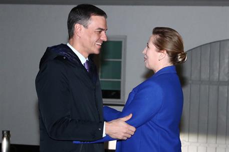 2/03/2023. Viaje del presidente del Gobierno a Dinamarca. El presidente del Gobierno, Pedro S&#225;nchez, es recibido por la primera ministra del...