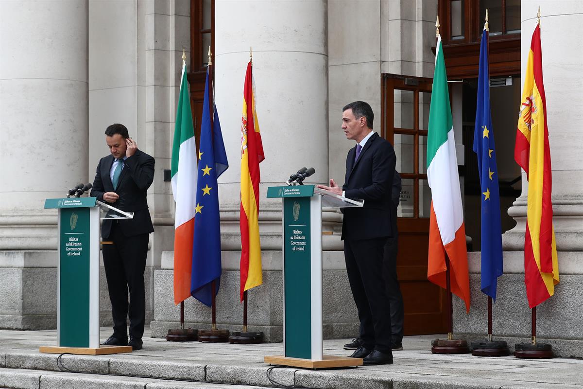 2/03/2023. Viaje del presidente del Gobierno a Irlanda. El presidente del Gobierno, Pedro Sánchez, comparece junto al primer ministro de la ...