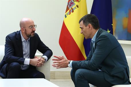 2/07/2023. Pedro Sánchez recibe en La Moncloa al presidente del Consejo Europeo. El presidente del Gobierno y el presidente del Consejo Euro...