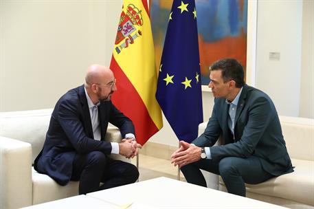 2/07/2023. Pedro S&#225;nchez recibe en La Moncloa al presidente del Consejo Europeo. Encuentro del presidente del Gobierno y el presidente del C...