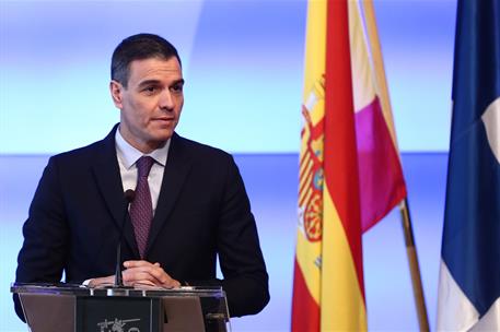 3/03/2023. Viaje del presidente del Gobierno a Finlandia. El presidente del Gobierno, Pedro Sánchez, durante la rueda de prensa que ha ofrec...