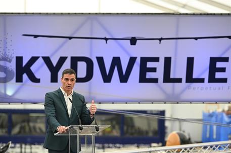 3/04/2023. Pedro Sánchez visita las instalaciones de la empresa Skydweller. El presidente de Gobierno, Pedro Sánchez, durante su intervenció...