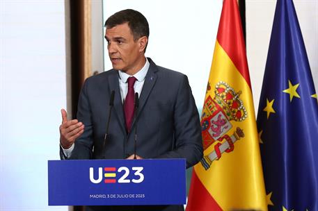 3/07/2023. Pedro S&#225;nchez preside la reuni&#243;n del Colegio de Comisarios de la Uni&#243;n Europea. El presidente del Gobierno, Pedro S&#225;nchez, durant...