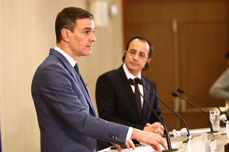 4/04/2023. Viaje del Presidente del Gobierno a Chipre. El presidente del Gobierno, Pedro Sánchez, durante su intervención tras el encuentro ...