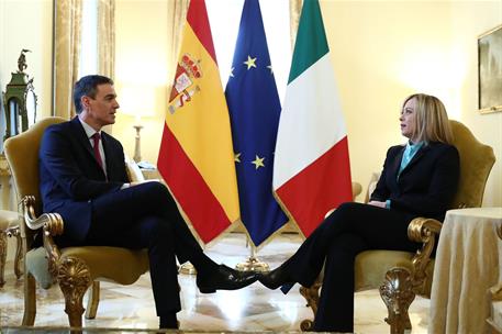 5/04/2023. Viaje del presidente del Gobierno a Italia. El presidente del Gobierno, Pedro Sánchez, y la primera ministra italiana, Giorgia Me...