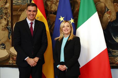 5/04/2023. Viaje del presidente del Gobierno a Italia. El presidente del Gobierno, Pedro Sánchez, y la primera ministra de la República Ital...