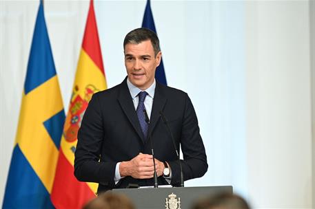 5/06/2023. El presidente recibe al primer ministro de Suecia. El presidente del Gobierno, Pedro Sánchez, durante la rueda de prensa que han ...