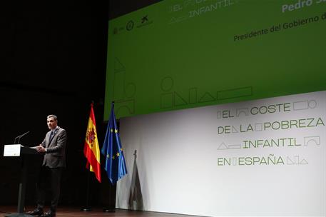 6/03/2023. Sánchez interviene en la presentación de "El coste de la pobreza infantil". El presidente del Gobierno, Pedro Sánchez, durante su...