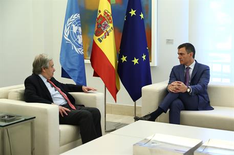 8/05/2023. Pedro S&#225;nchez recibe al secretario general de Naciones Unidas, Ant&#243;nio Guterres. El presidente del Gobierno, Pedro S&#225;nchez, y el ...