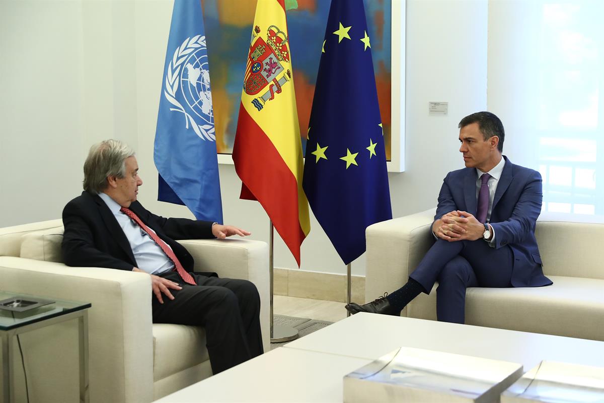 8/05/2023. Pedro Sánchez recibe al secretario general de Naciones Unidas, António Guterres. El presidente del Gobierno, Pedro Sánchez, y el ...