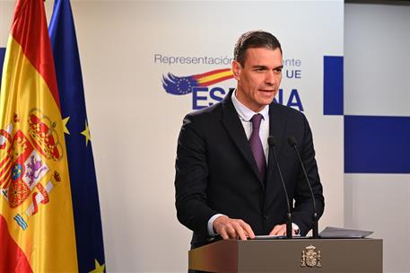 9/02/2023. Pedro Sánchez participa en la reunión del Consejo Europeo. El presidente del Gobierno, Pedro Sánchez, comparece ante los medios d...