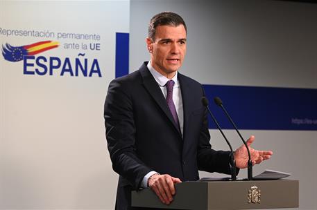 9/02/2023. Pedro Sánchez participa en la reunión del Consejo Europeo. El presidente del Gobierno, Pedro Sánchez, comparece ante los medios d...