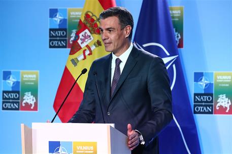 12/07/2023. Pedro S&#225;nchez participa en la Cumbre de la OTAN celebrada en Lituania. El presidente del Gobierno, Pedro S&#225;nchez, durante su com...