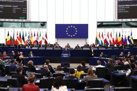 13/12/2023. Pedro Sánchez comparece ante el Pleno del Parlamento Europeo. El presidente del Gobierno, Pedro Sánchez, durante su comparecenci...