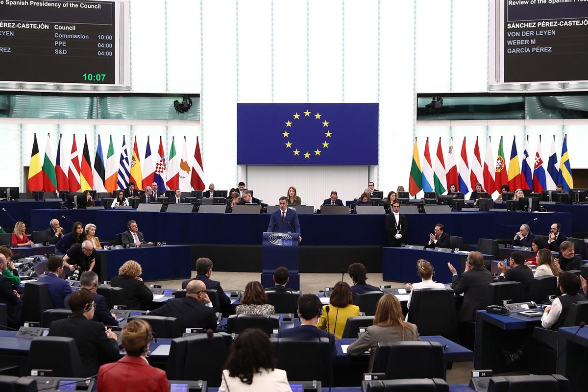 El presidente del Gobierno, Pedro Sánchez, durante su comparencia ante el Pleno del Parlamento Europeo