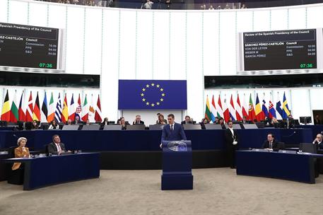 13/12/2023. Pedro Sánchez comparece ante el Pleno del Parlamento Europeo. El presidente del Gobierno, Pedro Sánchez, durante su comparecenci...