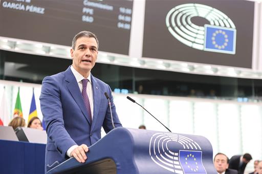 El presidente del Gobierno, Pedro Sánchez, durante su comparencia ante el Pleno del Parlamento Europeo