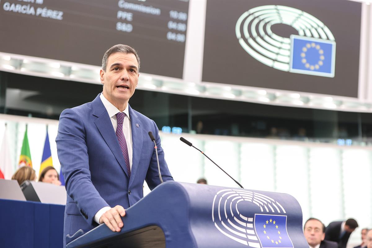 13/12/2023. Pedro Sánchez comparece ante el Pleno del Parlamento Europeo. El presidente del Gobierno, Pedro Sánchez, durante su comparecenci...