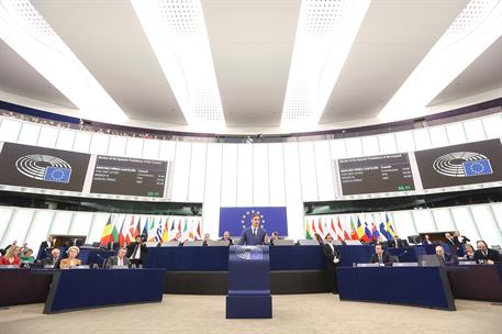 13/12/2023. Pedro Sánchez comparece ante el Pleno del Parlamento Europeo. El presidente del Gobierno, Pedro Sánchez, durante su comparecenci...