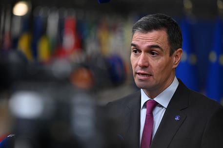 14/12/2023. Pedro S&#225;nchez participa en el Consejo Europeo. El presidente del Gobierno, Pedro S&#225;nchez, realiza unas declaraciones a los medio...