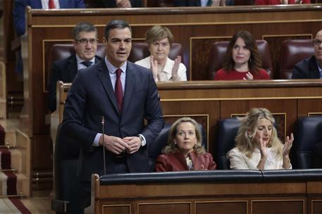 15/02/2023. Pedro S&#225;nchez asiste a la sesi&#243;n de control en el Congreso. El presidente del Gobierno, Pedro S&#225;nchez, durante su intervenci&#243;n e...