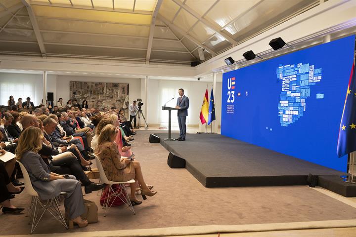 El presidente del Gobierno, Pedro Sánchez, durante su intervención