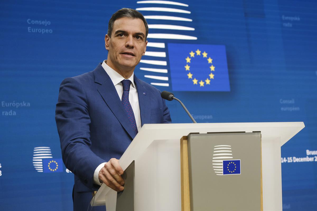 15/12/2023. Pedro Sánchez participa en el Consejo Europeo. El presidente del Gobierno, Pedro Sánchez, en la rueda de prensa al término del C...