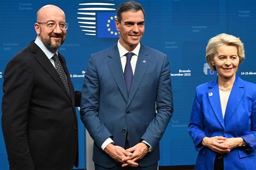 15/12/2023. Pedro Sánchez attends the European Council. The President of the Government of Spaom, Pedro Sánchez, the President of the Europe...