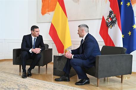 16/02/2023. Pedro Sánchez viaja a Austria. Reunión del presidente del Gobierno, Pedro Sánchez, y el canciller federal de Austria, Karl Nehammer.
