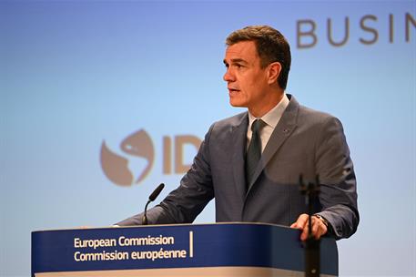 17/07/2023. Pedro Sánchez participa en la Cumbre UE-CELAC. El presidente del Gobierno, Pedro Sánchez, durante su intervención en la inaugura...