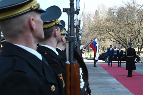 17/02/2023. Viaje del presidente del Gobierno a Eslovenia. Recibimiento al presidente del Gobierno, Pedro Sanchez, en su visita a Eslovenia,...