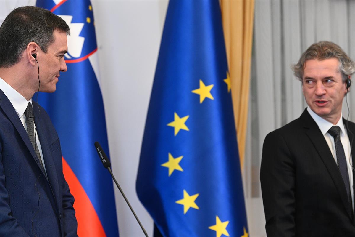 17/02/2023. Viaje del presidente del Gobierno a Eslovenia. El primer ministro de la República de Eslovenia, Robert Golob, realiza, junto al ...