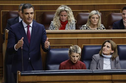 20/12/2023. Control session in the Lower House of Parliament. The President of the Government of Spain, Pedro Sánchez, during one of his spe...