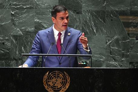 21/09/2023. Pedro Sánchez interviene ante la 78ª Asamblea General de Naciones Unidas. El presidente del Gobierno en funciones, Pedro Sánchez...