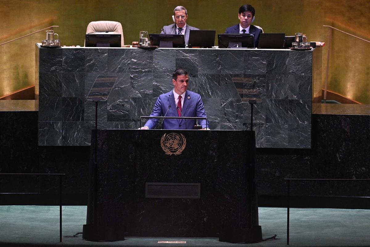 21/09/2023. Pedro Sánchez interviene ante la 78ª Asamblea General de Naciones Unidas. El presidente del Gobierno en funciones, Pedro Sánchez...