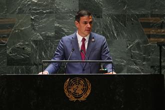 21/09/2023. Pedro Sánchez speaks before the 78th General Assembly of the United Nations. The acting President of the Government of Spain, Pe...