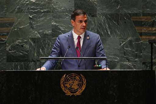 El presidente del Gobierno en funciones, Pedro Sánchez, durante su intervención