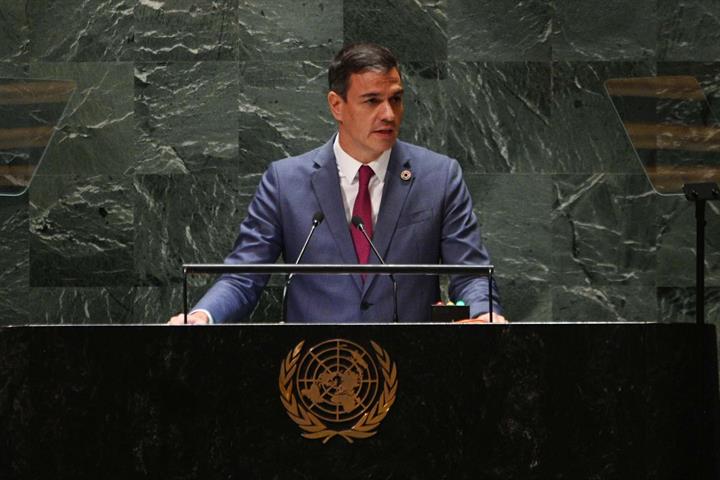 21/09/2023. Pedro Sánchez speaks before the 78th General Assembly of the United Nations. The acting President of the Government of Spain, Pe...