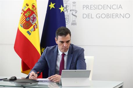 22/11/2023. Pedro S&#225;nchez participa en la cumbre del G-20. El presidente del Gobierno, Pedro S&#225;nchez, durante su participaci&#243;n por videoconf...