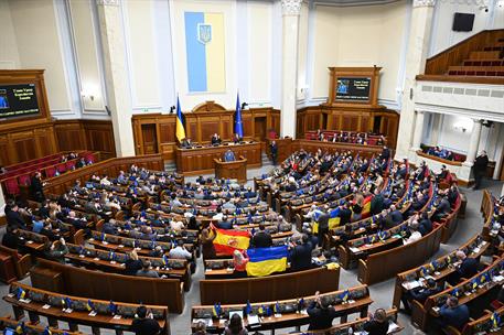23/02/2023. Viaje del presidente del Gobierno a Ucrania. El presidente del Gobierno, Pedro S&#225;nchez, durante el discurso que ha pronunciado a...