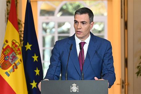 27/12/2023. Pedro Sánchez hace balance tras el Consejo de Ministros. El presidente del Gobierno, Pedro Sánchez, durante su comparecencia par...