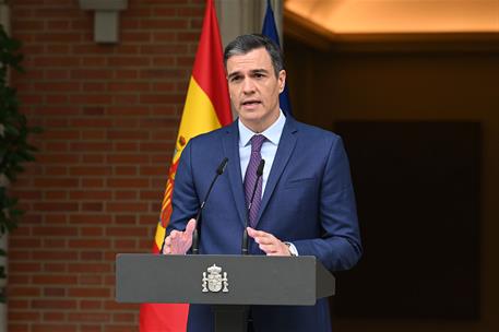 29/05/2023. Pedro S&#225;nchez realiza declaraci&#243;n institucional en el Palacio de la Moncloa. El presidente del Gobierno durante la comparecencia...