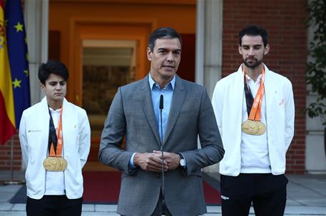 29/08/2023. Pedro S&#225;nchez recibe a los campeones del mundo de atletismo en La Moncloa. El presidente del Gobierno durante su intervenci&#243;n en...