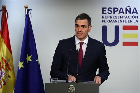 1/02/2024. Pedro S&#225;nchez participa en la reuni&#243;n extraordinaria del Consejo Europeo. El presidente del Gobierno, Pedro S&#225;nchez, comparece an...