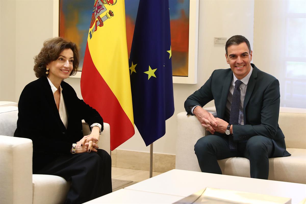 2/02/2024. El presidente recibe a la directora general de la UNESCO. El presidente del Gobierno, Pedro Sánchez, durante la reunión que ha ma...